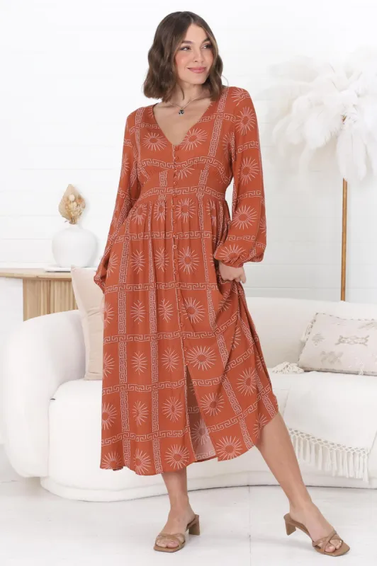 Bello Midi Dress - Button Through Dress with Balloon Sleeves in Astra Print Rust sold by Salty Crush