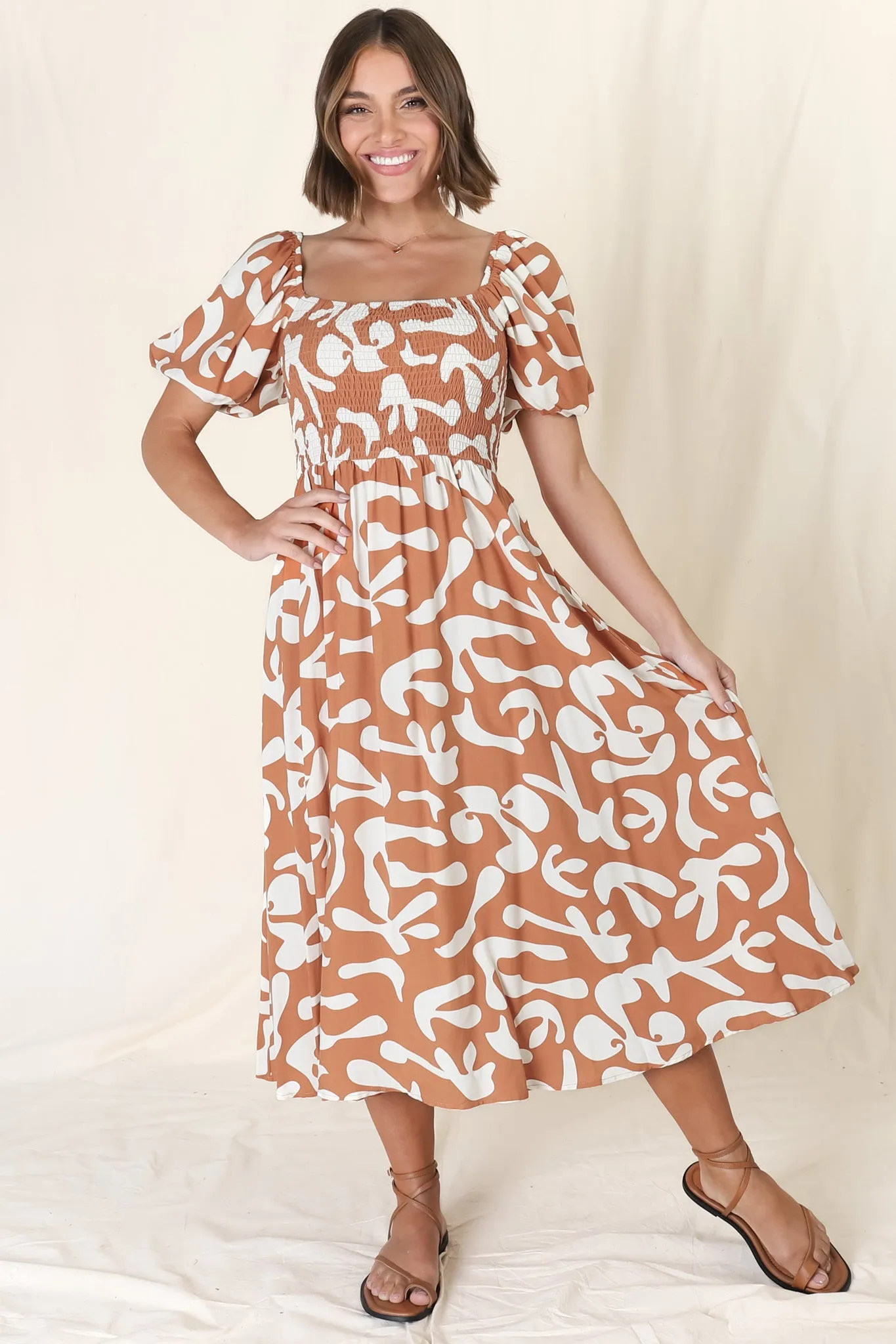 Jaxie Midi Dress - On or Off Shoulder Elasticated Bodice Dress with Short Balloon Sleeves in Rust sold by Salty Crush product image thumbnail 5