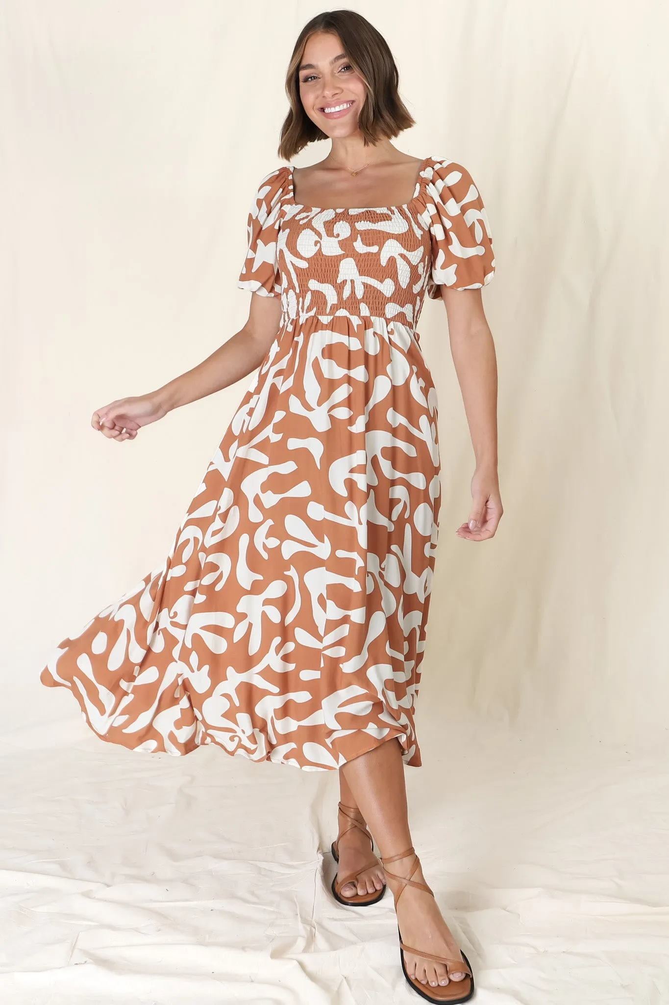 Jaxie Midi Dress - On or Off Shoulder Elasticated Bodice Dress with Short Balloon Sleeves in Rust sold by Salty Crush product image thumbnail 2