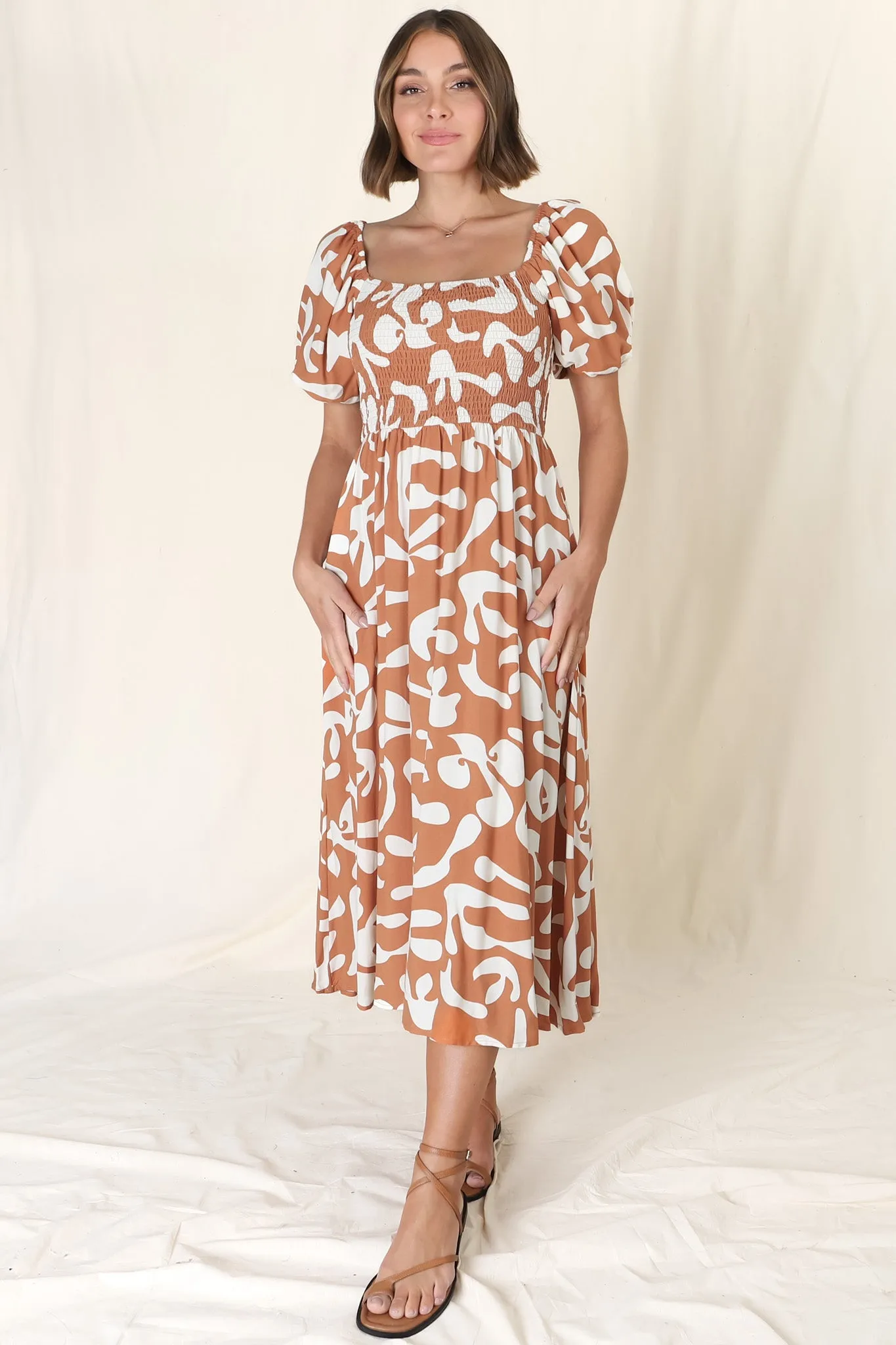 Jaxie Midi Dress - On or Off Shoulder Elasticated Bodice Dress with Short Balloon Sleeves in Rust sold by Salty Crush product image thumbnail 3