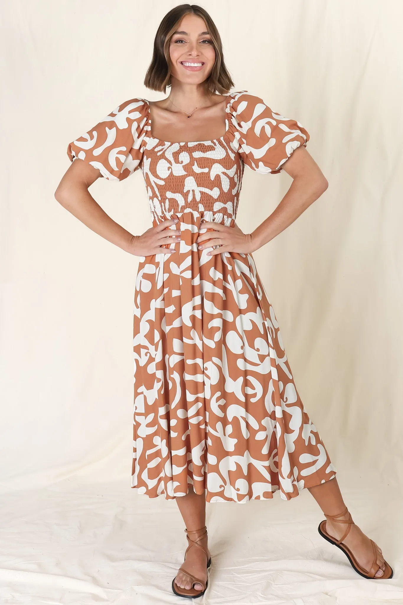 Jaxie Midi Dress - On or Off Shoulder Elasticated Bodice Dress with Short Balloon Sleeves in Rust sold by Salty Crush product image thumbnail 4
