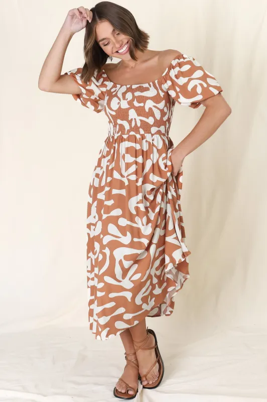 Jaxie Midi Dress - On or Off Shoulder Elasticated Bodice Dress with Short Balloon Sleeves in Rust sold by Salty Crush