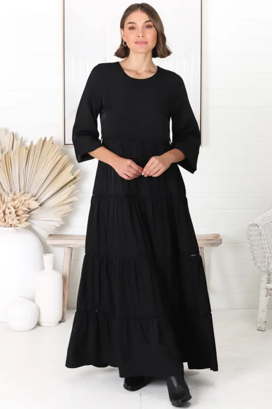 Binita Maxi Dress - Tiered Dress with Matching Belt in Black sold by Salty Crush