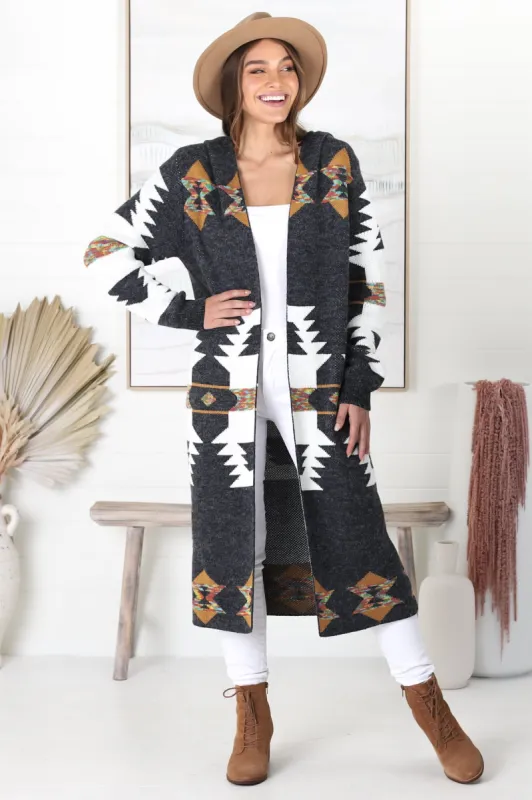 Quest Cardigan - Hooded Long Line Graphic Cardigan in Charcoal sold by Salty Crush