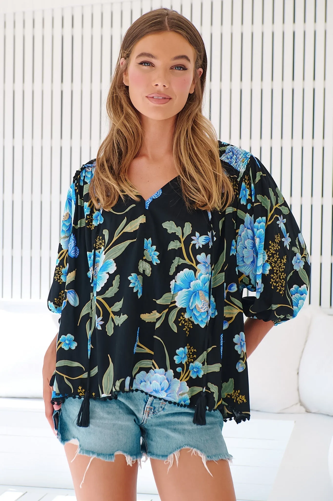 JAASE - Rue Top: V Neck Smock Top with Crochet Trim in Midnight Sapphire Print sold by Salty Crush