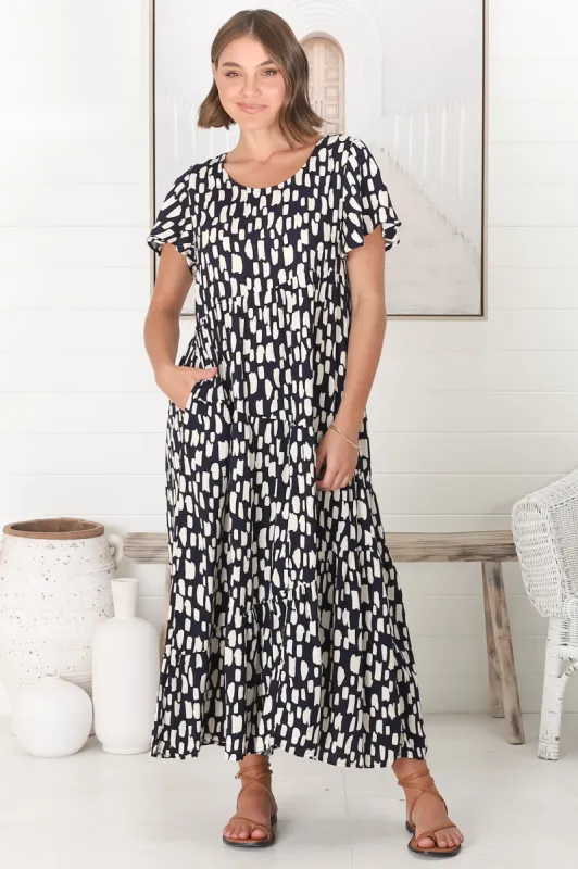 Allegra Midi Dress - Relaxed Asymmetric Tiered Smock Dress in Evie Print Navy sold by Salty Crush