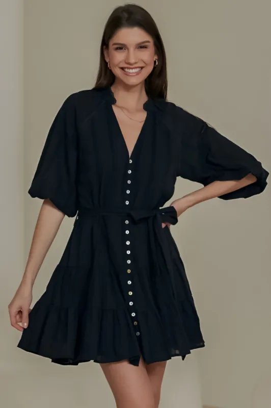 Elsea Mini Dress - Mandarin Collar Button Down Dress with Matching Waist Tie in Black sold by Salty Crush
