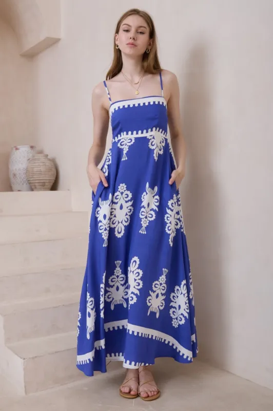 Bonita Maxi Dress: Spaghetti Strap Sun Dress in Maceo Print Blue sold by Salty Crush