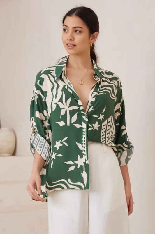 Billi Shirt - Long Sleeve Button Down in Salt Lake Print Green sold by Salty Crush