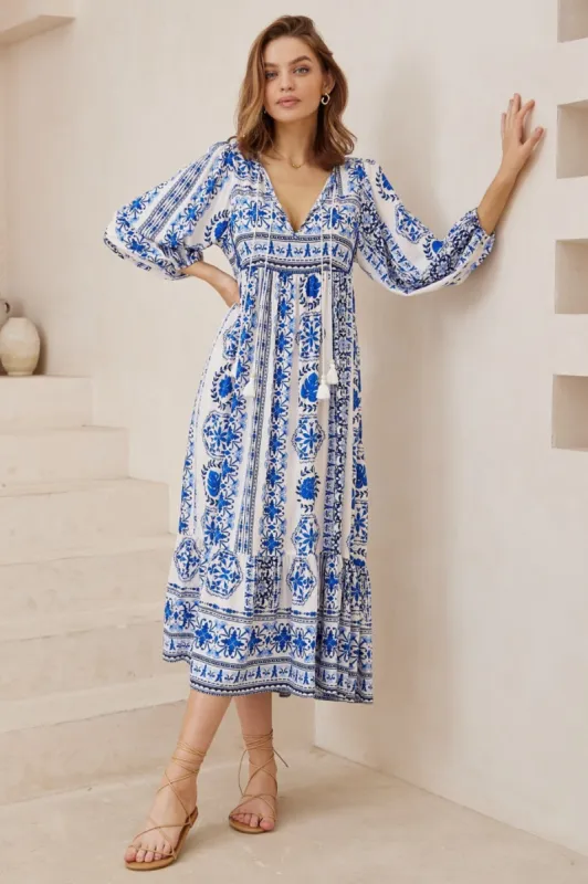 Olitta Midi Dress - 3/4 Sleeve Shift Dress with Double Neck Tie in Kahula Print sold by Salty Crush
