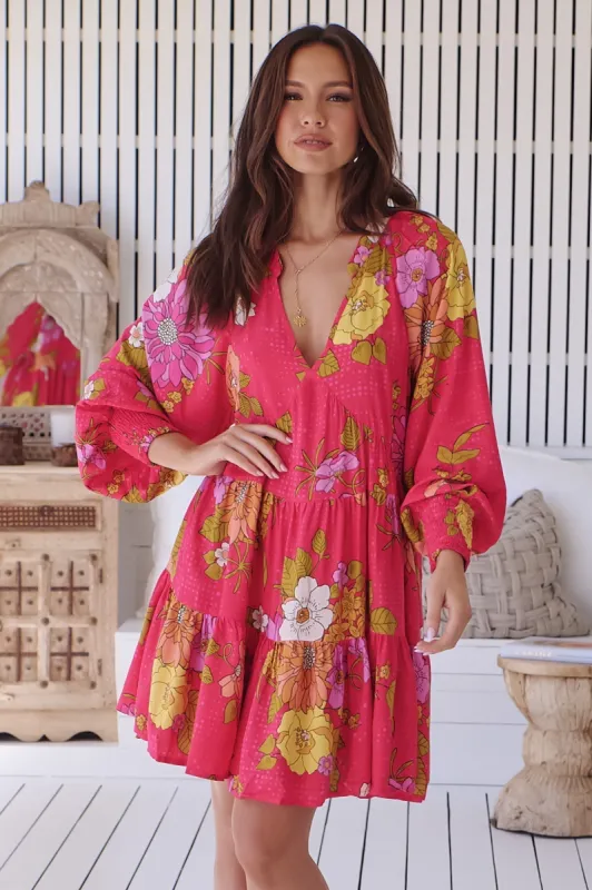 JAASE - Soul Mini Dress: Mandarin Collar V Neck Long Sleeve Smock Dress in Timeless Print sold by Salty Crush