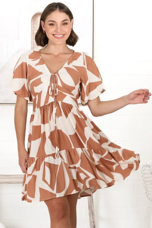 Lilly Mini Dress - Adjustable V Neckline Dress with Cap Sleeves in Azira Print Rust sold by Salty Crush