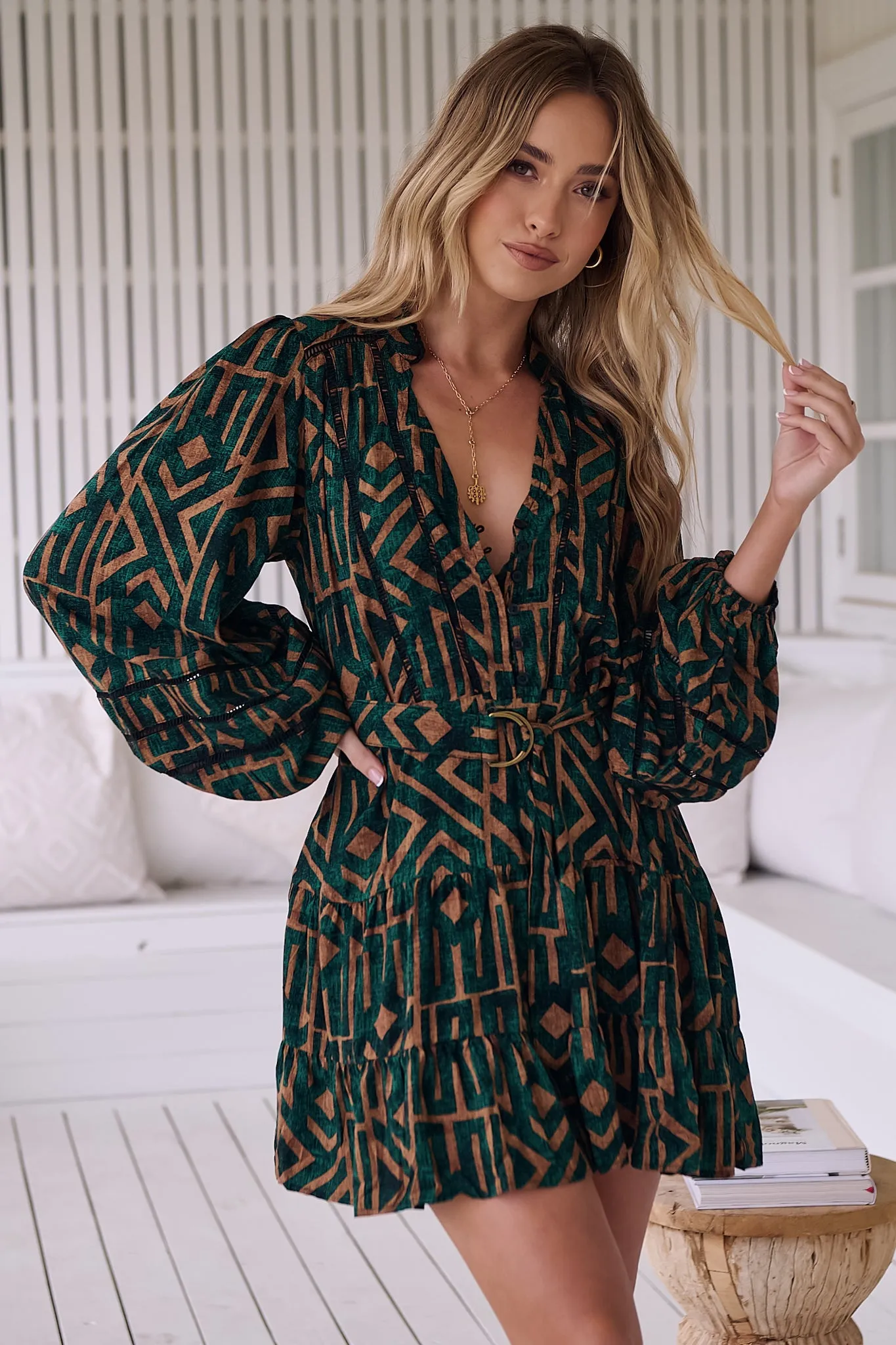 Jayde Mini Dress - A-Line Dress with Tiered Skirt in Emerald Print sold by Salty Crush product image thumbnail 5