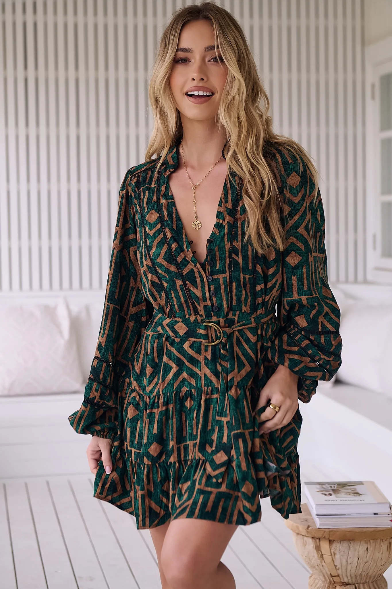 Jayde Mini Dress - A-Line Dress with Tiered Skirt in Emerald Print sold by Salty Crush product image thumbnail 3