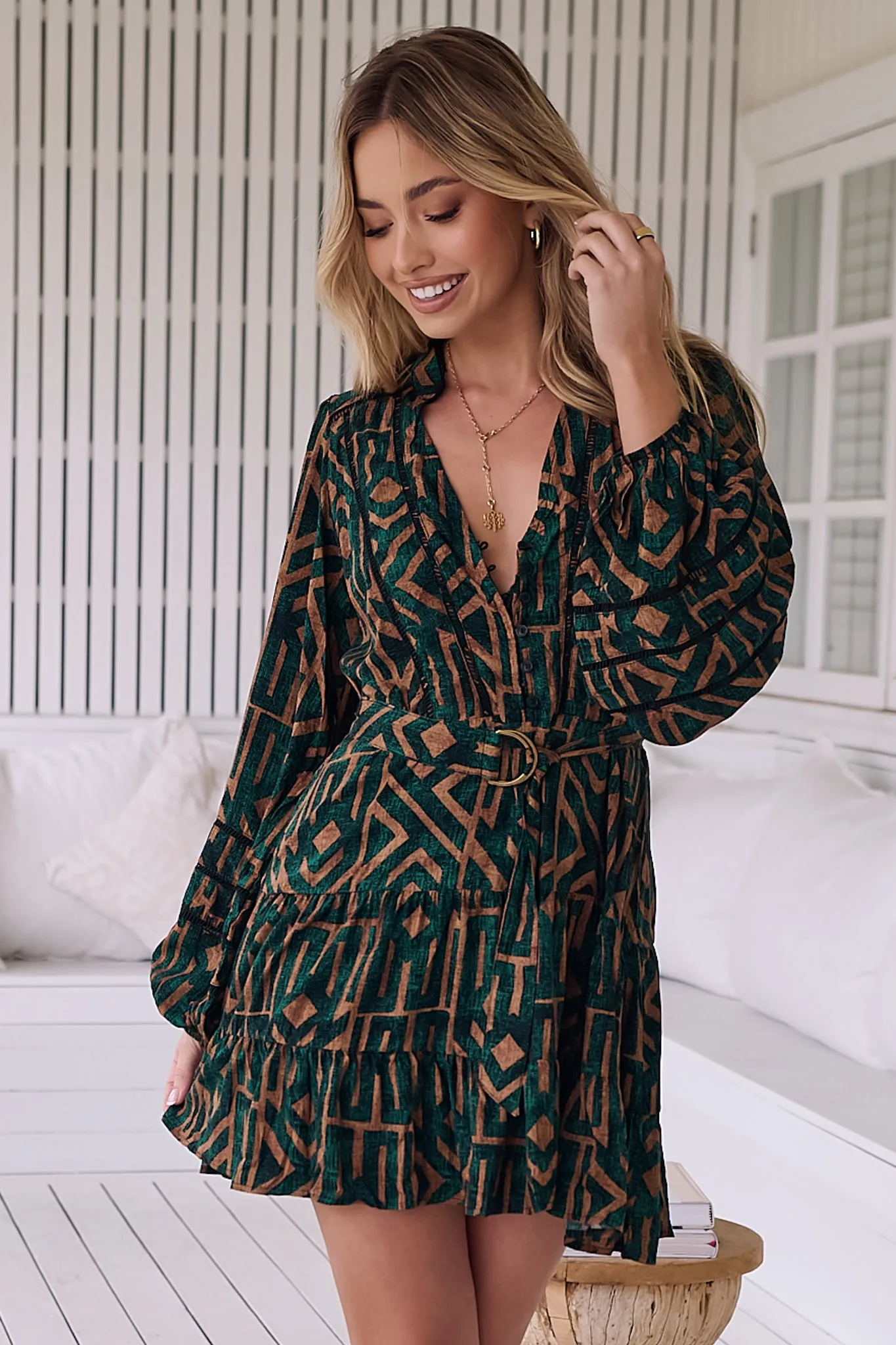 Jayde Mini Dress - A-Line Dress with Tiered Skirt in Emerald Print sold by Salty Crush product image thumbnail 4