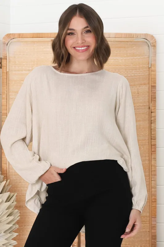 Solara Top - Crew Neck Linen Blend Frill Hemmed Top in Oat sold by Salty Crush