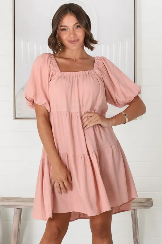 Harlow Mini Dress - On or Off Shoulder Balloon Sleeve Tiered Dress in Blush sold by Salty Crush