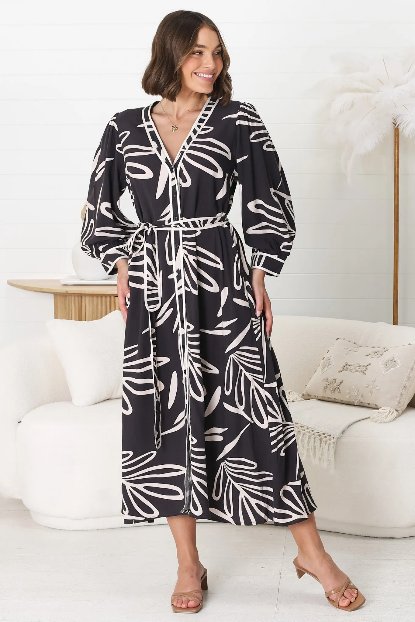 Arlette Midi Dress - Button Down Long Sleeve Dress with Matching Belt in Moore Print sold by Salty Crush product image thumbnail 2