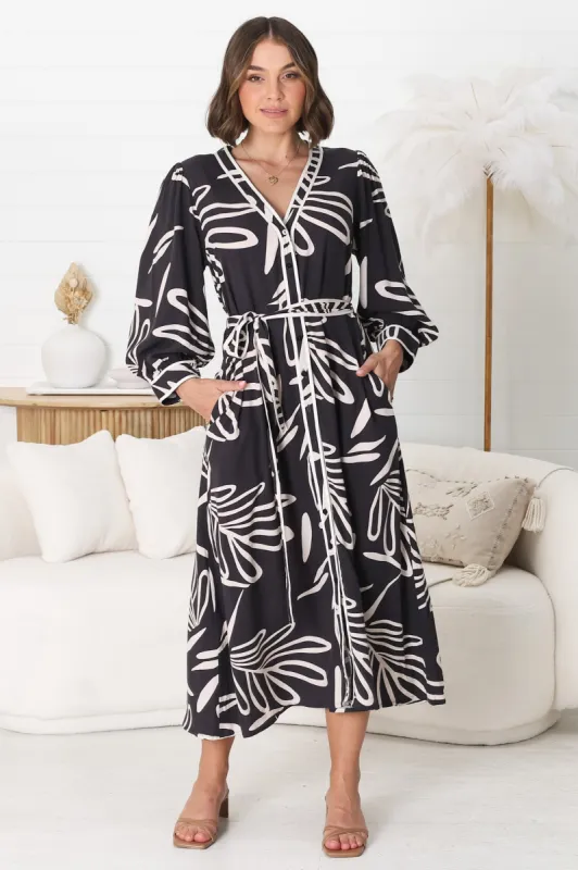 Arlette Midi Dress - Button Down Long Sleeve Dress with Matching Belt in Moore Print sold by Salty Crush