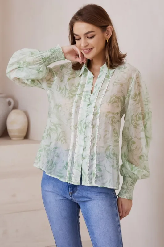 Aralyn Blouse - Balloon Sleeve Button Down Shirt in Green Illusions Print sold by Salty Crush