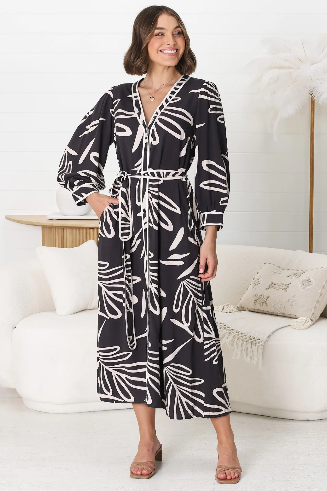 Arlette Midi Dress - Button Down Long Sleeve Dress with Matching Belt in Moore Print sold by Salty Crush product image thumbnail 3