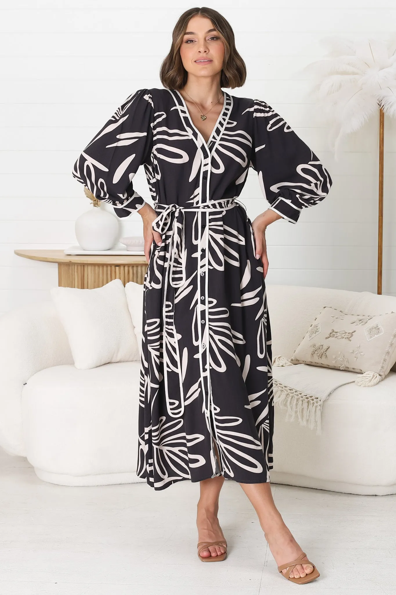 Arlette Midi Dress - Button Down Long Sleeve Dress with Matching Belt in Moore Print sold by Salty Crush product image thumbnail 5