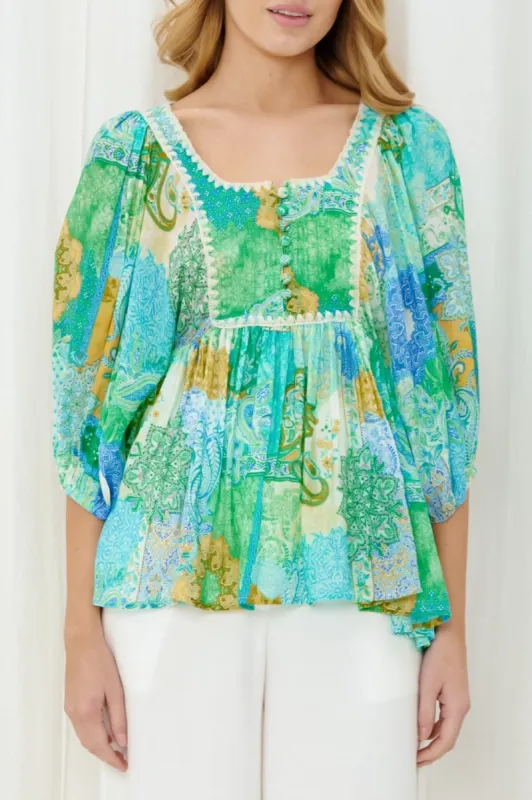 Orla Blouse - Scoop Neckline Smock Top with Delicate Detailing in Alivia Print sold by Salty Crush