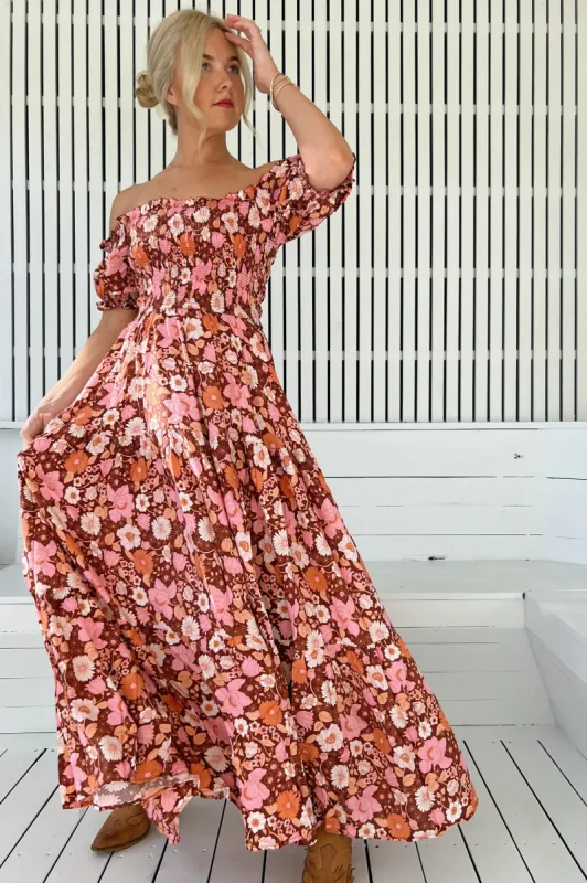JAASE - Claudette Maxi Dress: On or Off Shoulder Elasticated Bodice Short Balloon Sleeve Dress in Pixie Print sold by Salty Crush
