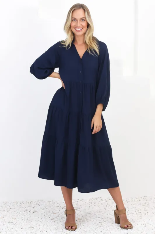 Zaraha Midi Dress - Folded Collar Button Down Tiered Dress in Navy sold by Salty Crush