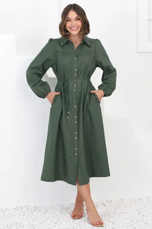 Waverly Midi Dress - Linen Button Down Dress in Green sold by Salty Crush