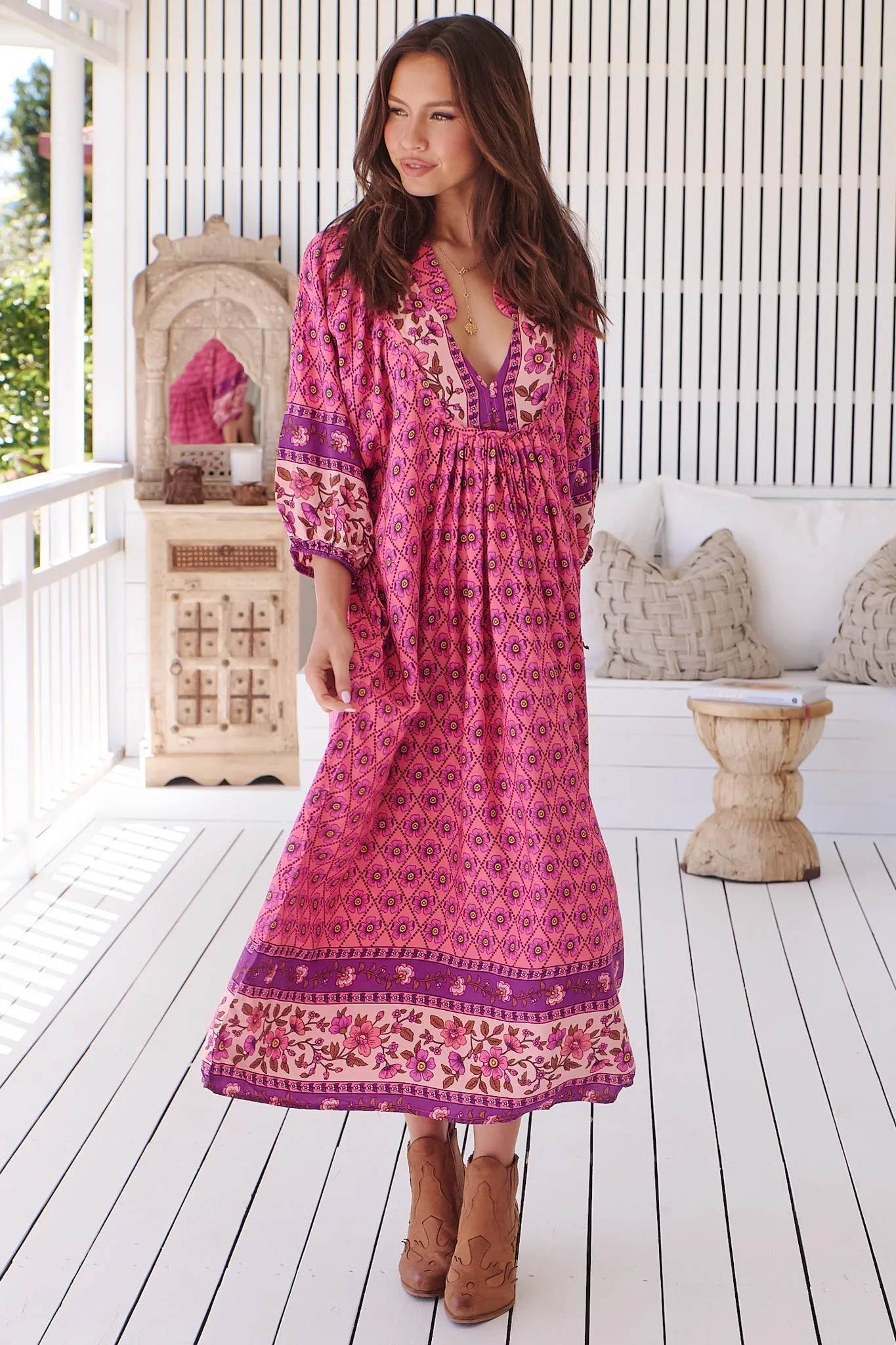 Boheme Midi Dress - Piping Defined Bust Slimline Smock Dress In Jolene Print sold by Salty Crush product image thumbnail 4