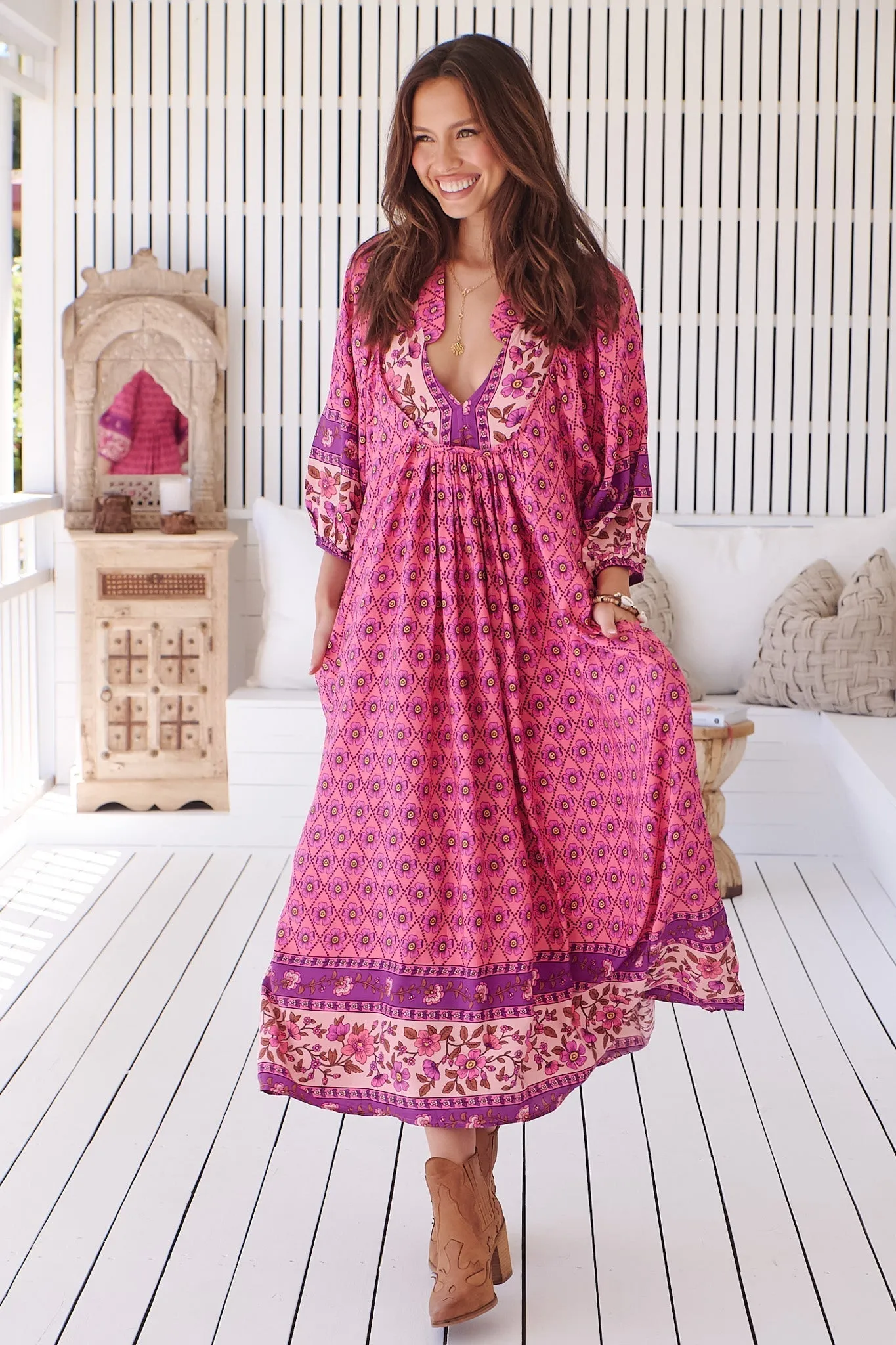 Boheme Midi Dress - Piping Defined Bust Slimline Smock Dress In Jolene Print sold by Salty Crush