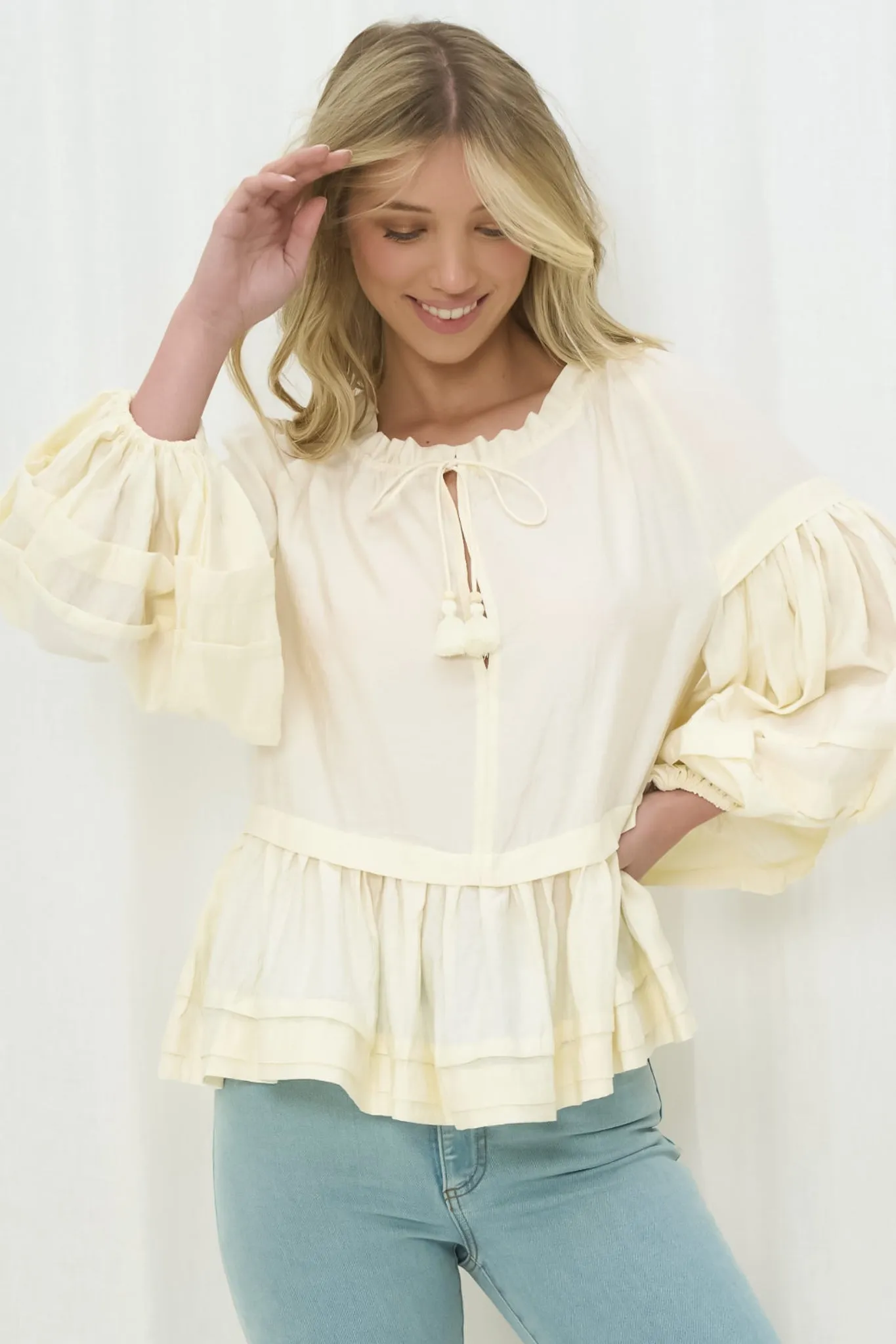 Miya Blouse - Frill Collar Tiered Detailed Top in Cream sold by Salty Crush product image thumbnail 2