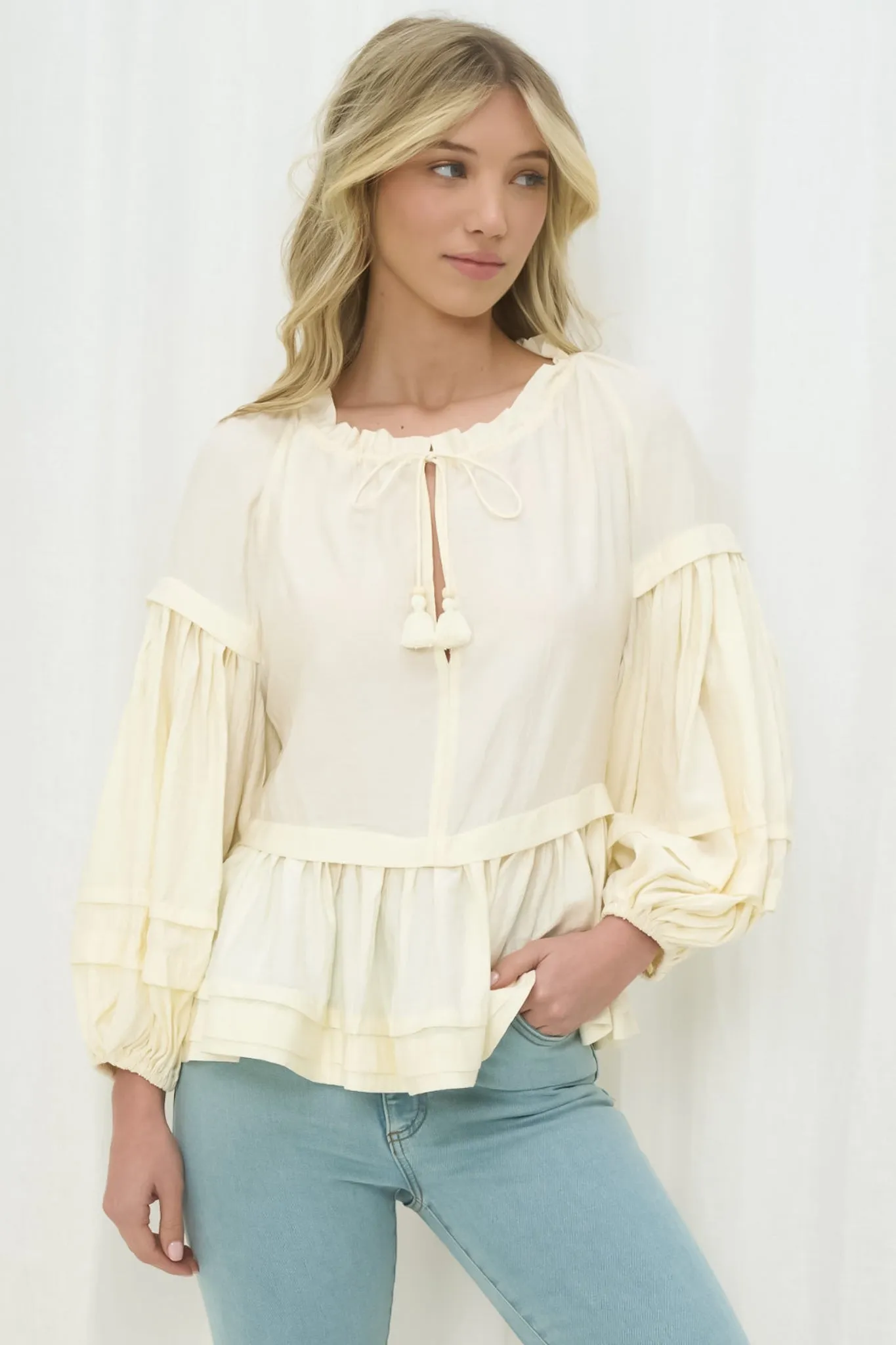 Miya Blouse - Frill Collar Tiered Detailed Top in Cream sold by Salty Crush product image thumbnail 3
