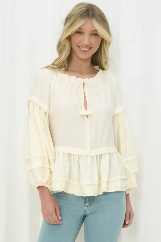 Miya Blouse - Frill Collar Tiered Detailed Top in Cream sold by Salty Crush