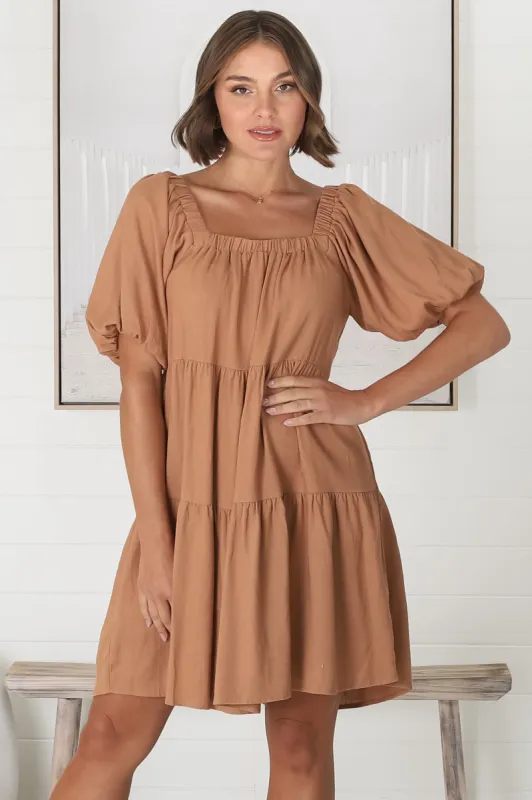Harlow Mini Dress - On or Off Shoulder Balloon Sleeve Tiered Dress in Tan sold by Salty Crush