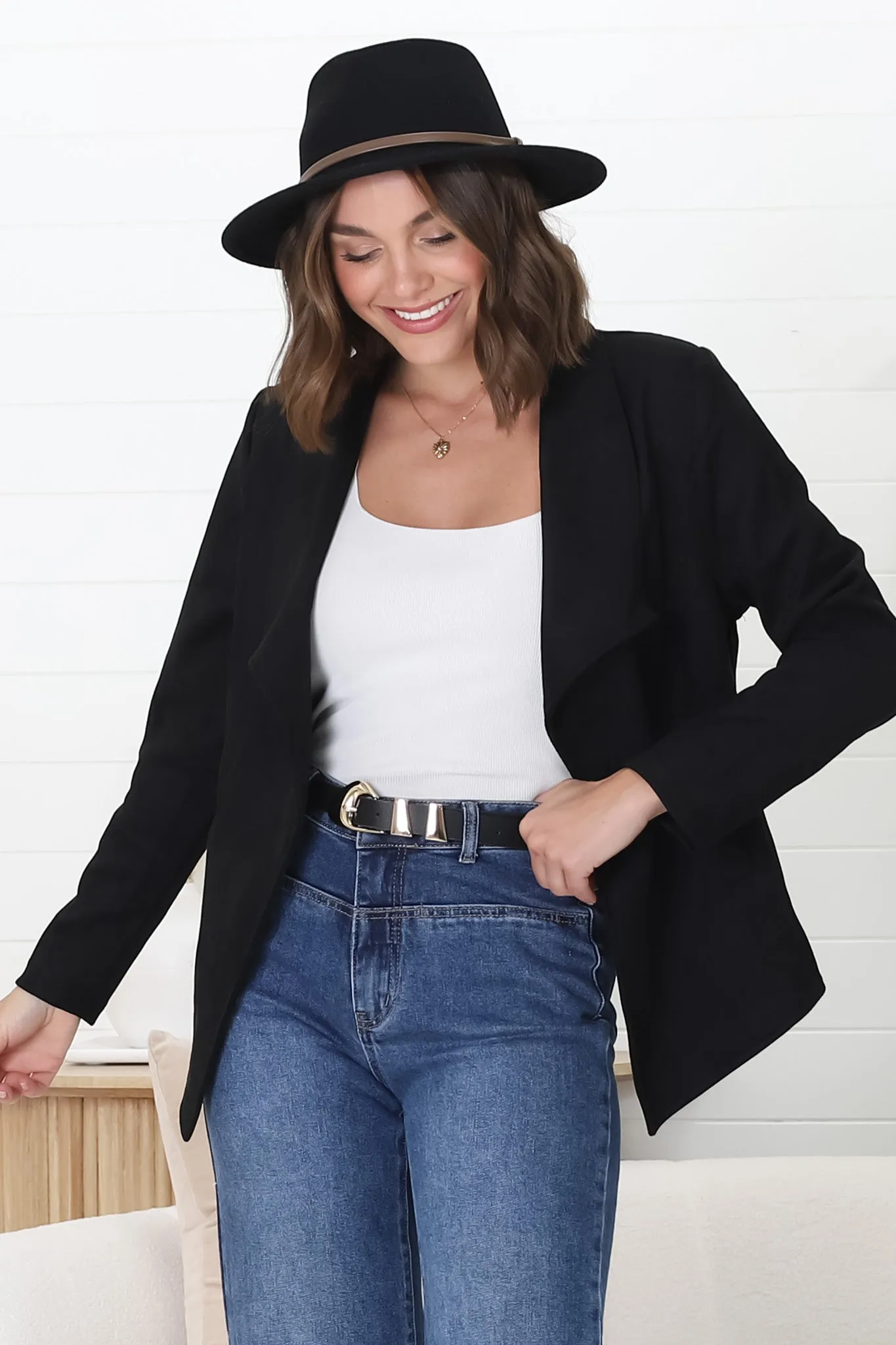 Ollie Suede Jacket - Waterfall Collar Open Front Faux Suede Jacket in Black sold by Salty Crush product image thumbnail 2