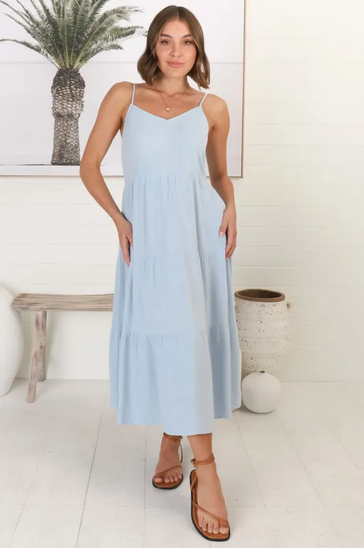 Arlowe Midi Dress - Soft V Neckline Tiered Linen Sun Dress in Blue sold by Salty Crush