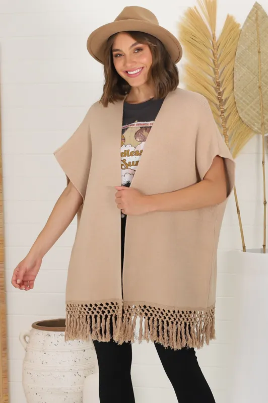 Amore Cardigan - Throw Over Open Knit Poncho with Tassel Hem in Camel sold by Salty Crush