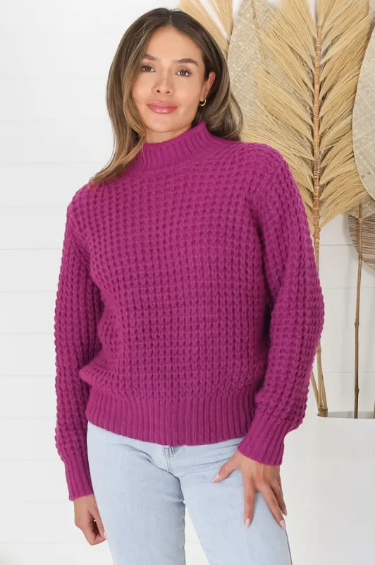 Dexter Jumper - Turtle Neck Waffle Knit Jumper in Magenta sold by Salty Crush