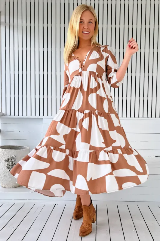 JAASE - Eve Midi Dress: V Neck Tiered Dress with Option Waist Tie in Boston Print sold by Salty Crush