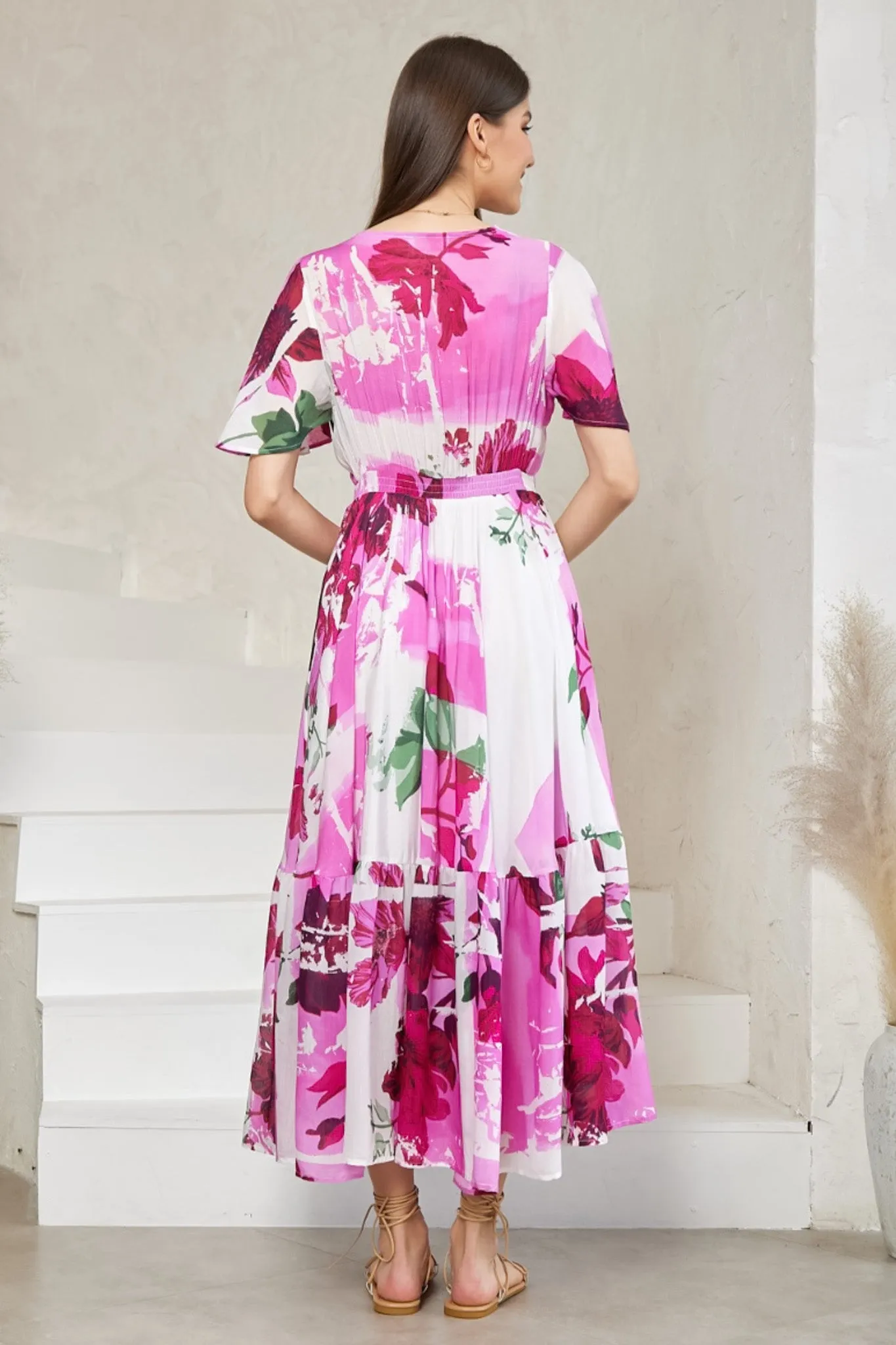 Libby Maxi Dress - Flutter Cap Sleeve Button Waist Detailed A Line Dress in Flori Print sold by Salty Crush product image thumbnail 5