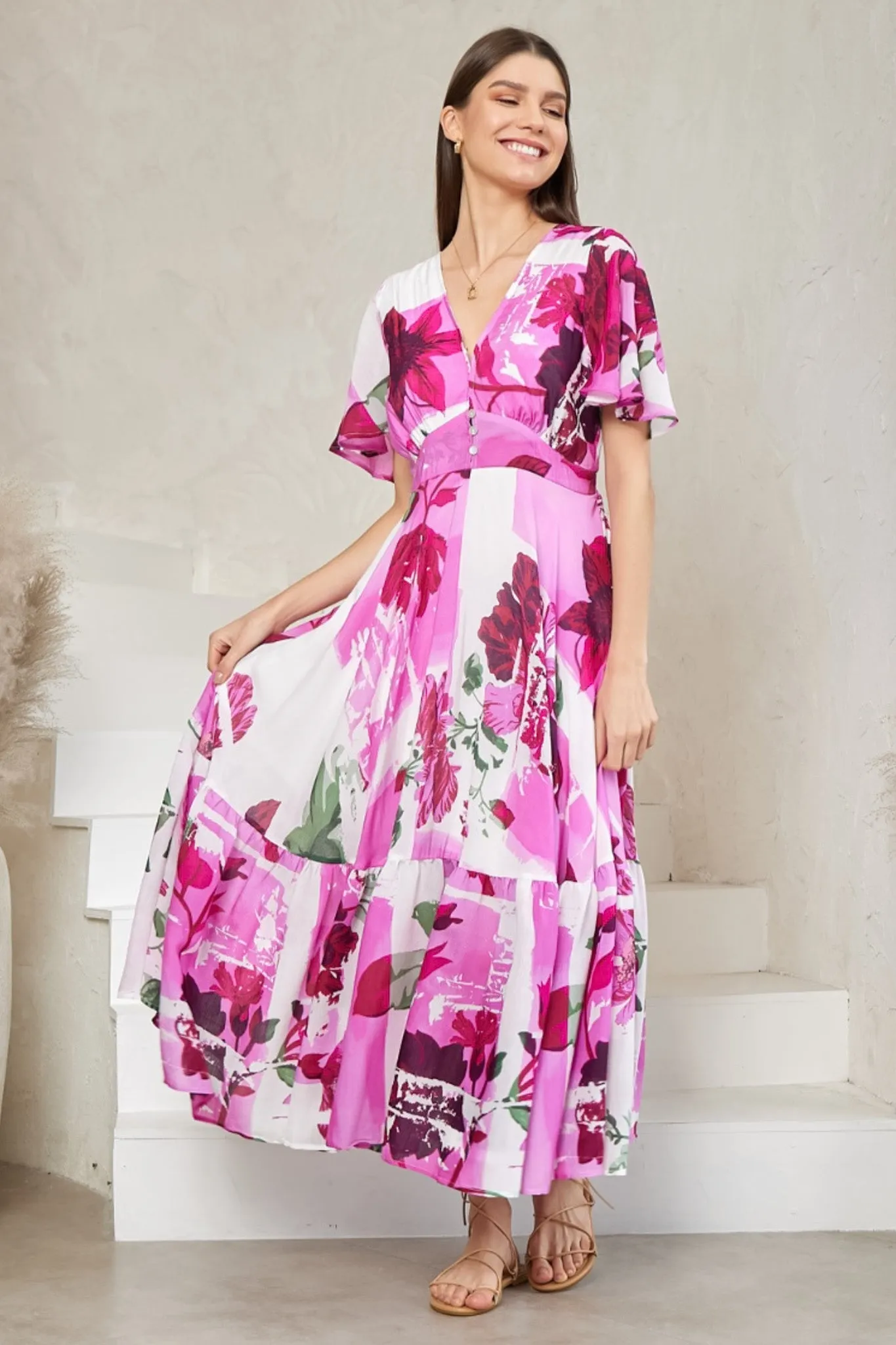 Libby Maxi Dress - Flutter Cap Sleeve Button Waist Detailed A Line Dress in Flori Print sold by Salty Crush product image thumbnail 2