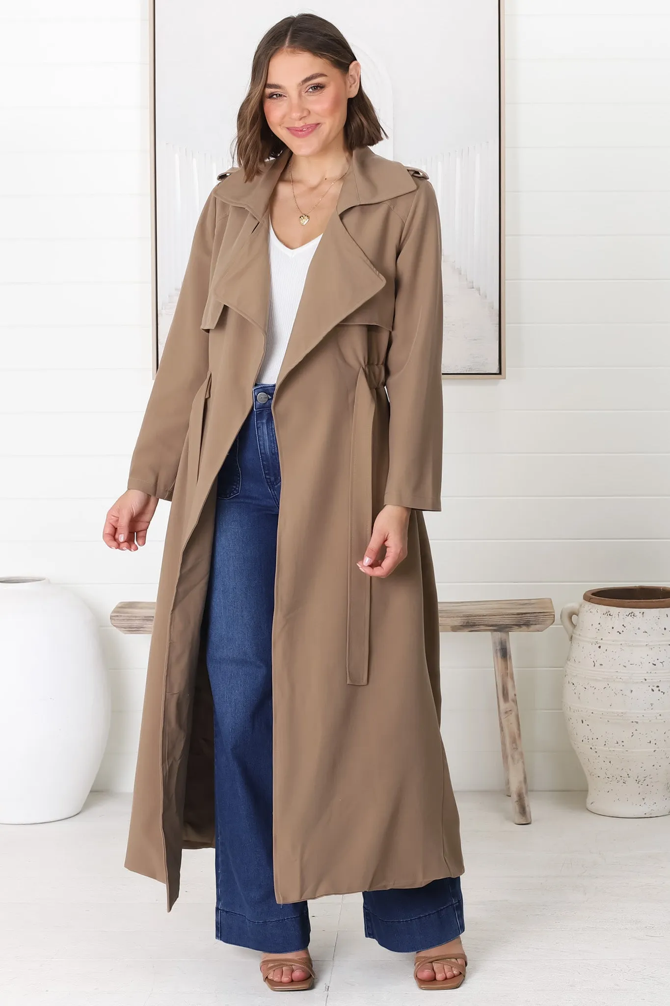 Belmore Trench Coat - Cinched Waist with Tie Coat in Taupe sold by Salty Crush product image thumbnail 4