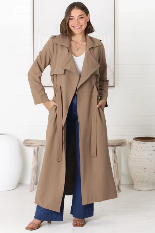 Belmore Trench Coat - Cinched Waist with Tie Coat in Taupe sold by Salty Crush