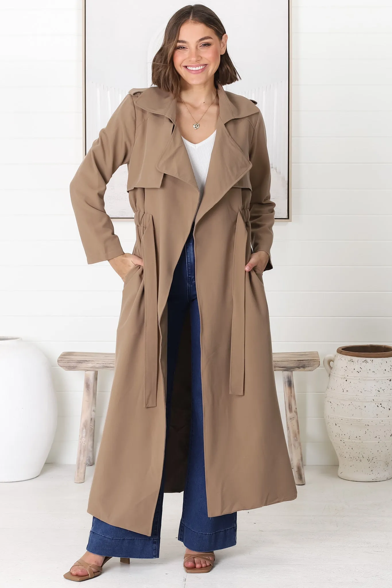 Belmore Trench Coat - Cinched Waist with Tie Coat in Taupe sold by Salty Crush