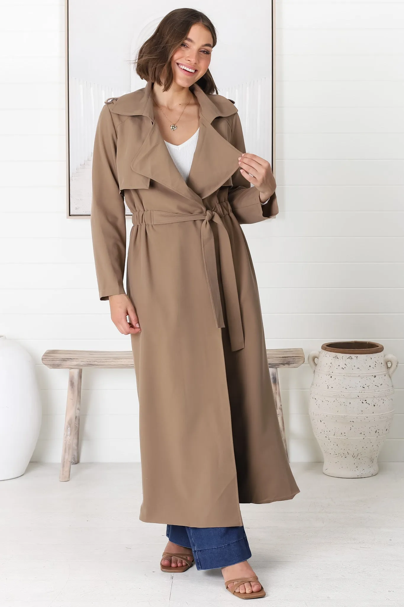 Belmore Trench Coat - Cinched Waist with Tie Coat in Taupe sold by Salty Crush product image thumbnail 5