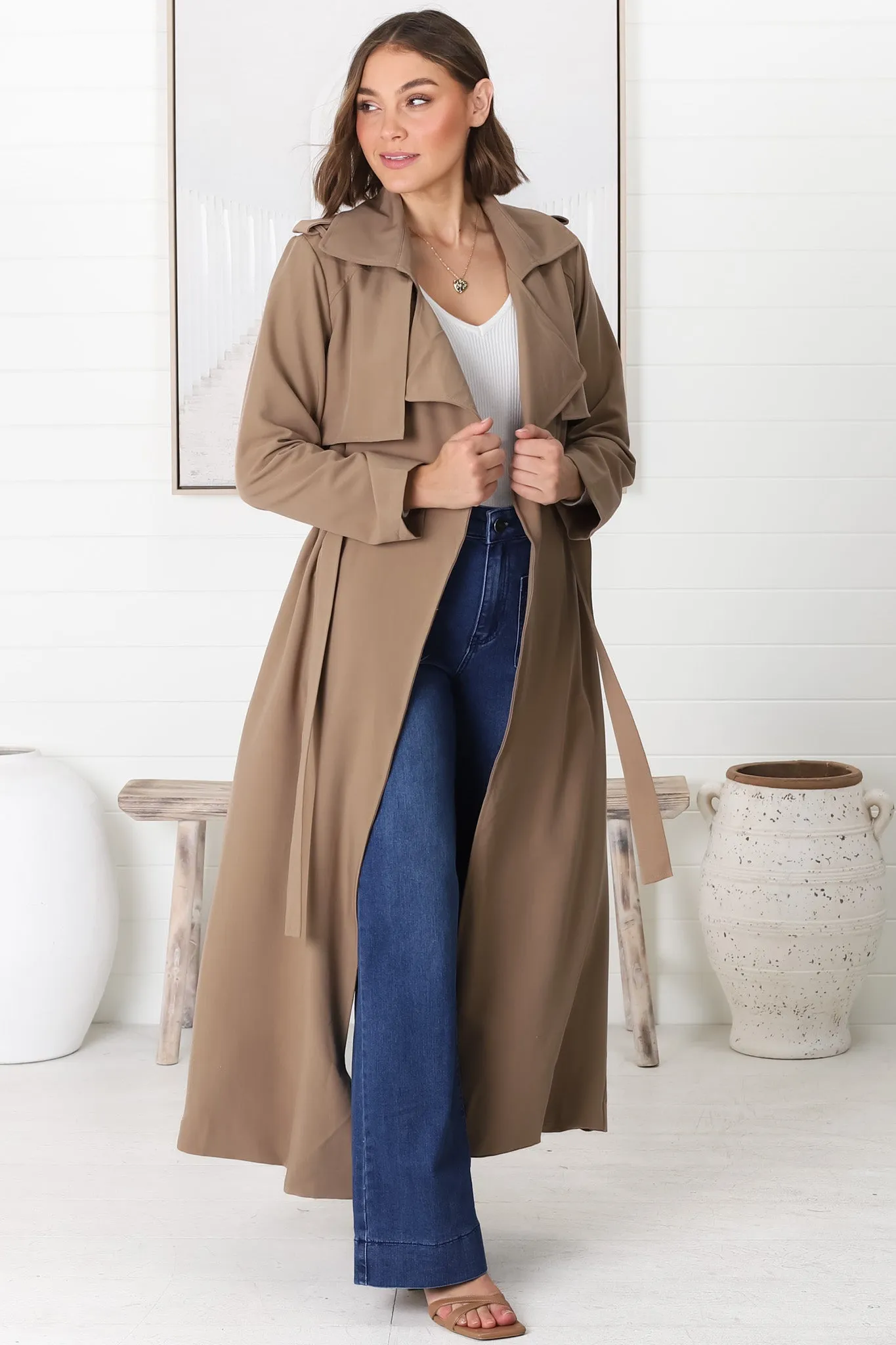 Belmore Trench Coat - Cinched Waist with Tie Coat in Taupe sold by Salty Crush product image thumbnail 2