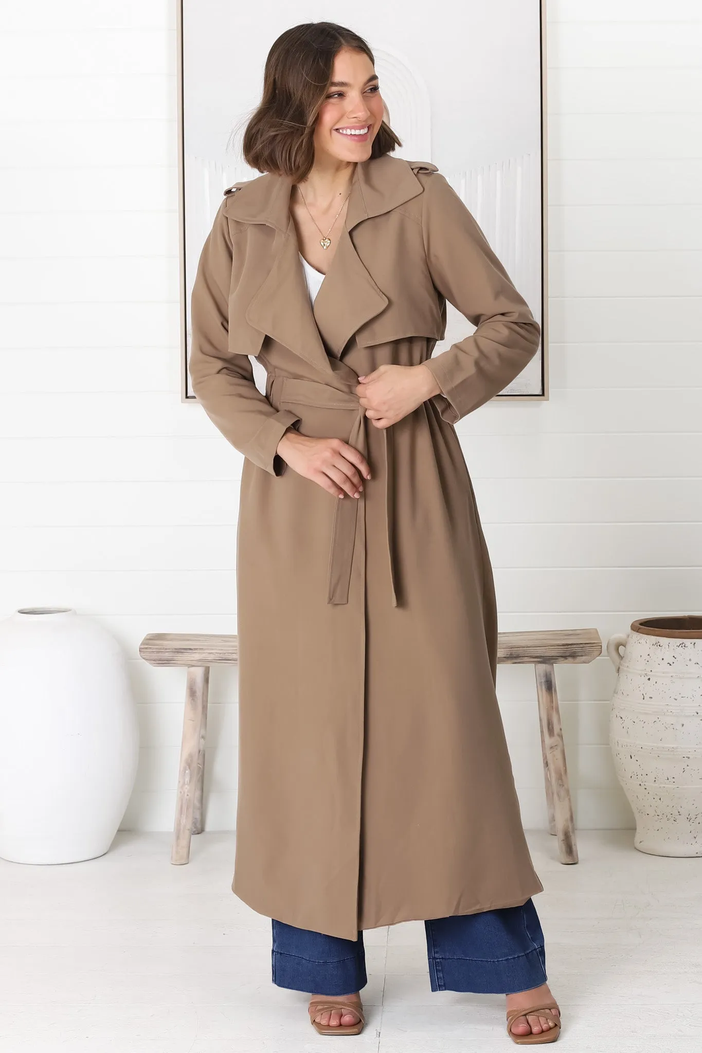 Belmore Trench Coat - Cinched Waist with Tie Coat in Taupe sold by Salty Crush product image thumbnail 3