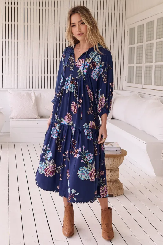 JAASE - Palace Midi Dress: Pom Pom Spliced Batwing Sleeve Dress with Neck Tie in Botanica Print sold by Salty Crush